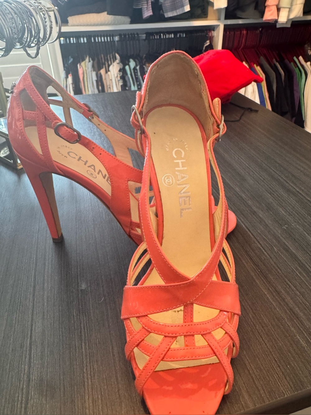 Chanel Women's Coral/Pink Patten Leather Strappy High-Heel Sandals